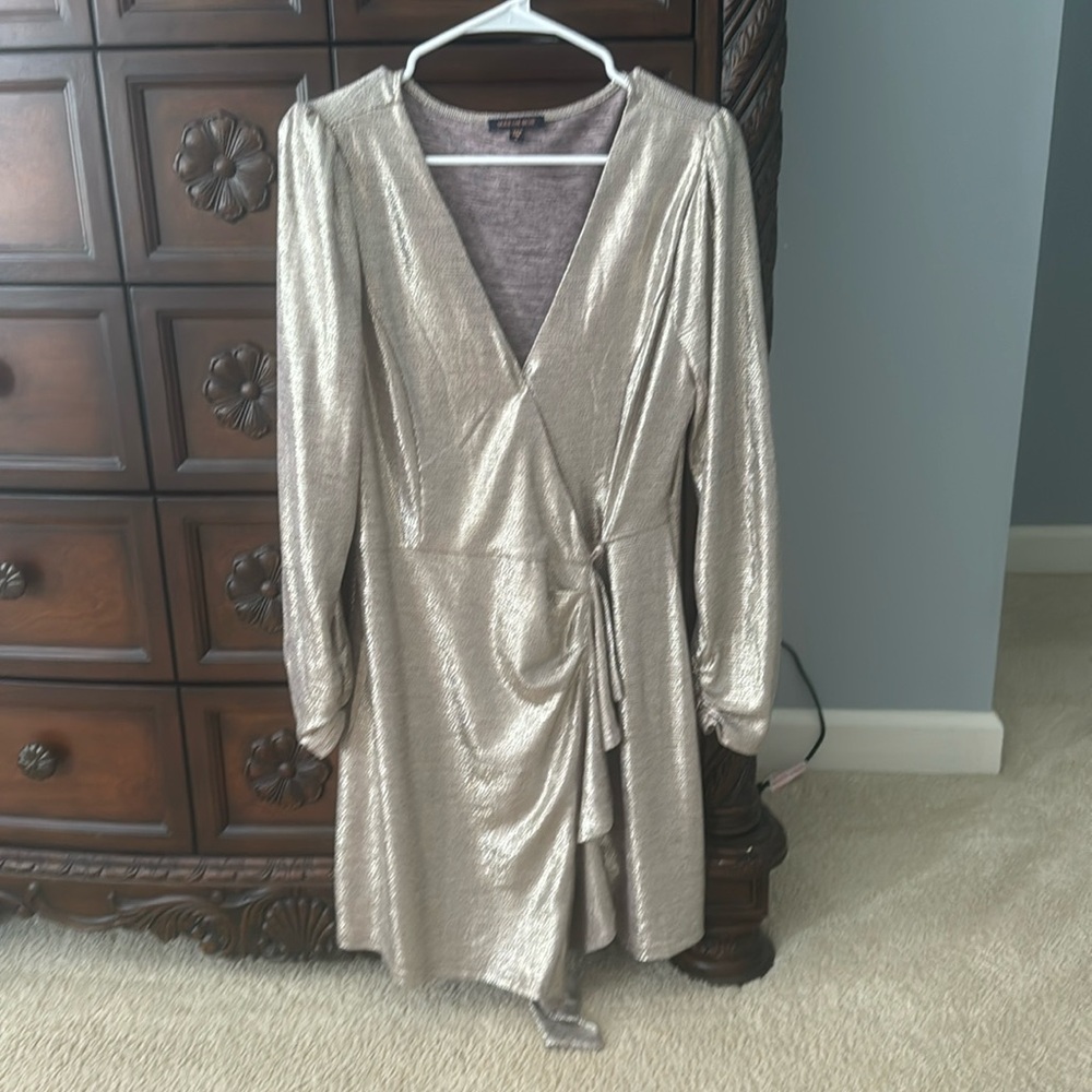 Gold metallic party dress v neck